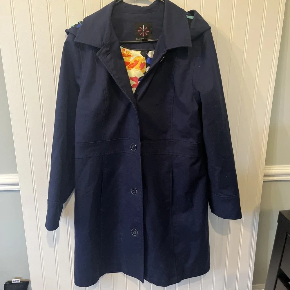Isaac Mizrahi Women's Navy Trench Coat, Sz 12, spring, Iconic,Classic, Hood prep